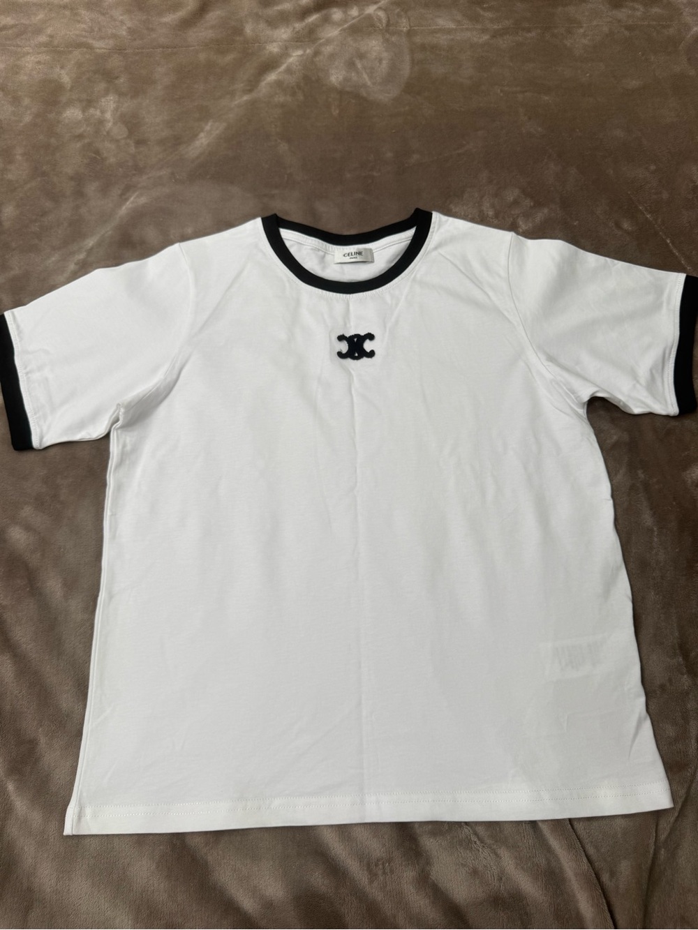Celine White Tee with Black Trim and Center Logo